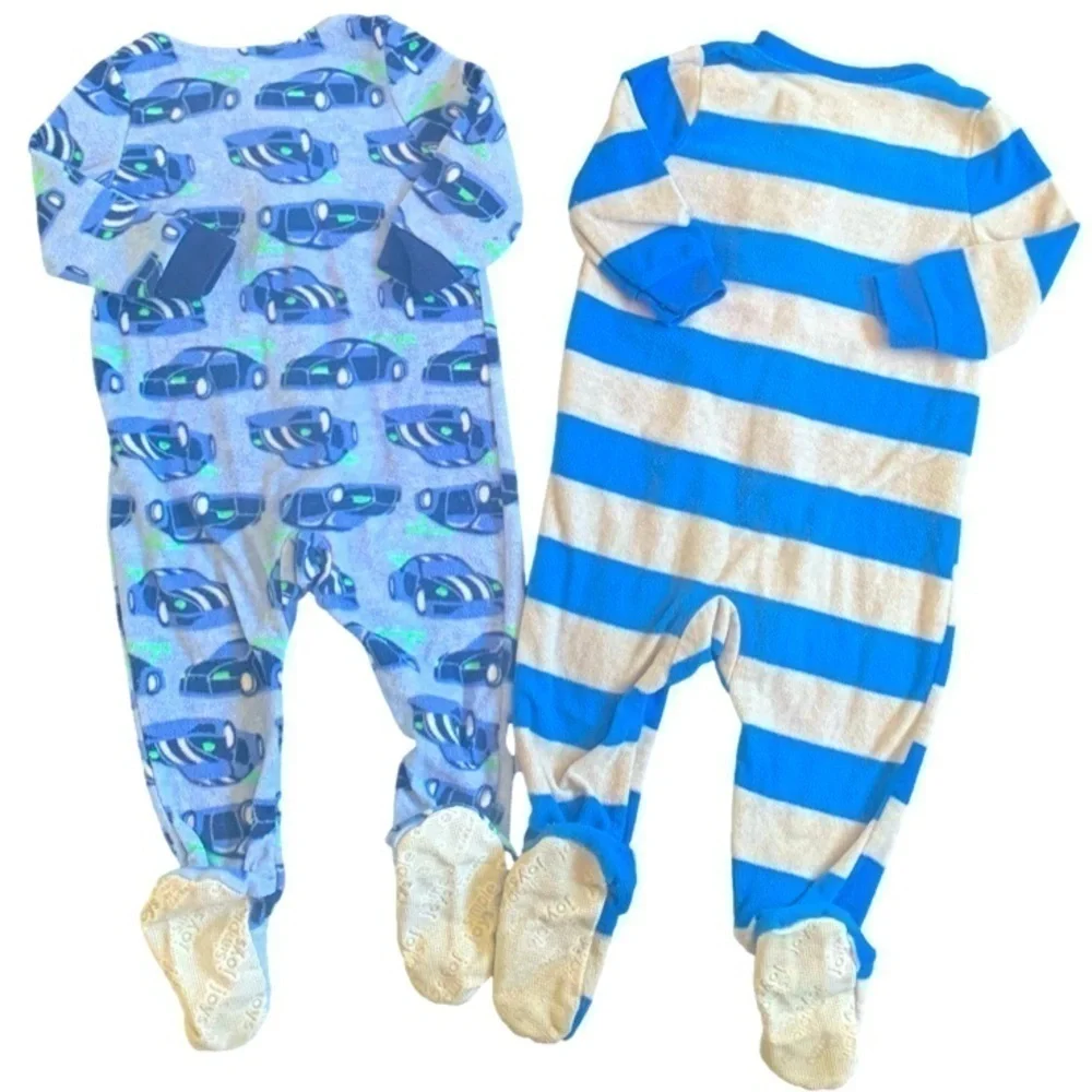 Carters Simple Joys Blue Green Striped Cars Fleece Onesie Footed Pajamas 12mos